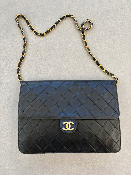 Chanel Classic Vintage Flap Black Lambskin Leather Shoulder Bag