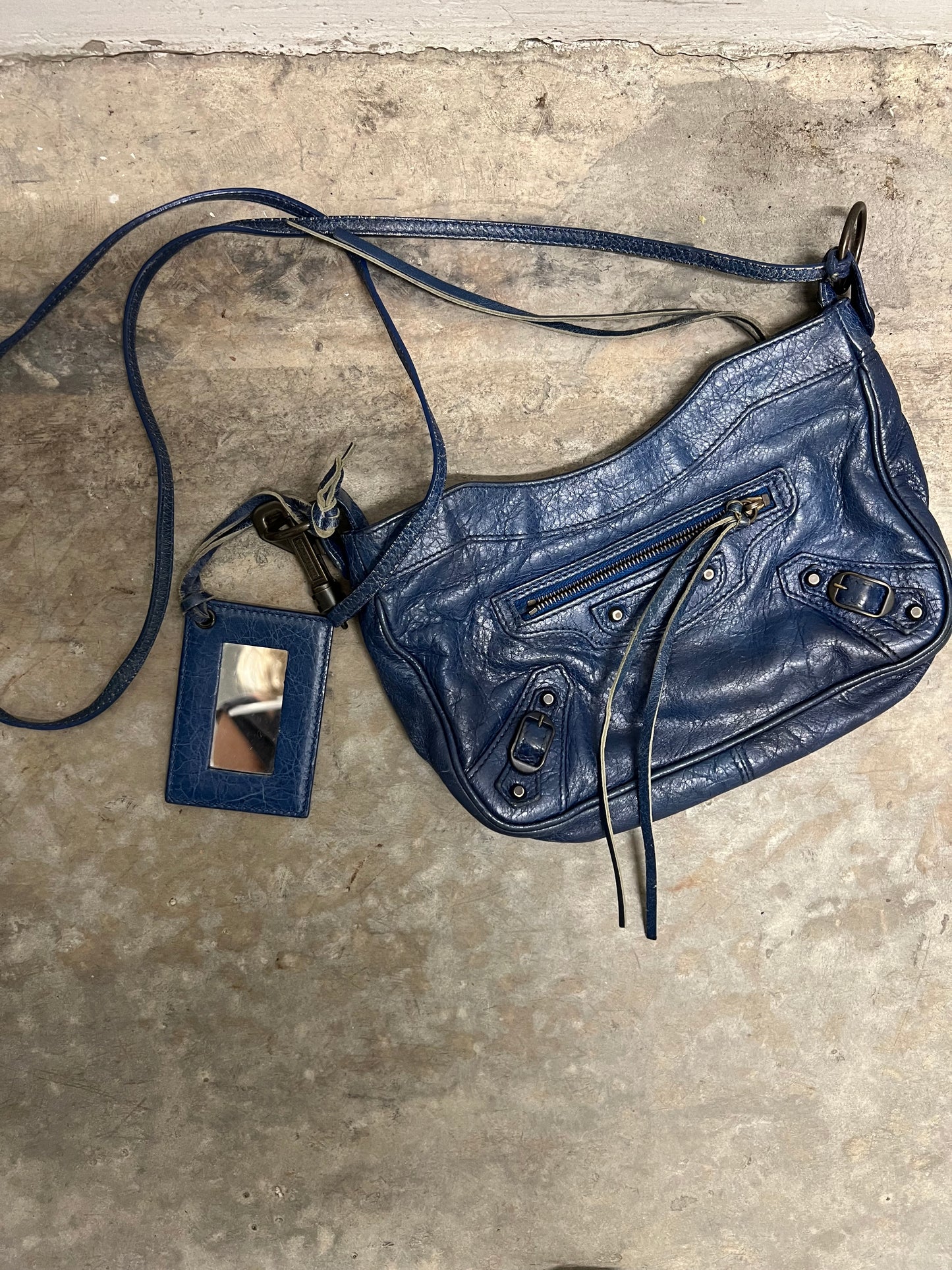 2000s Balenciaga Navy Leather City Hip Crossbody Bag