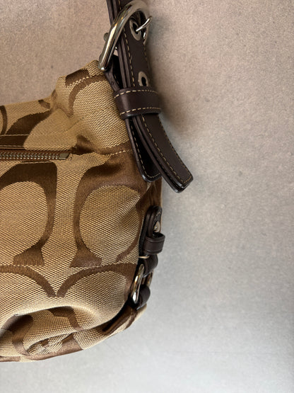 Coach Monogram East West Brown and Beige Shoulder Bag