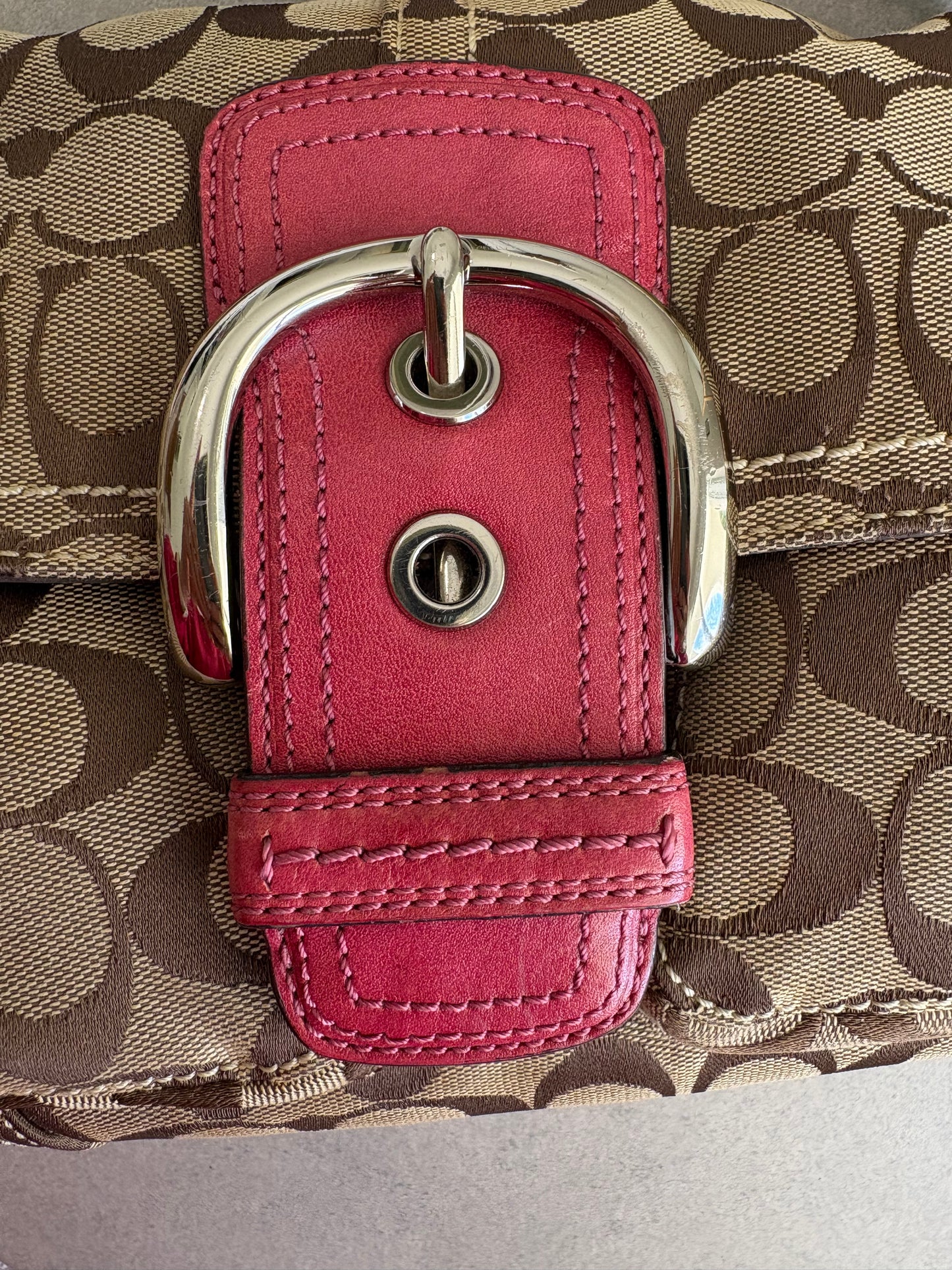 Coach Soho Signature Monogram with Pink Leather Shoulder Bag