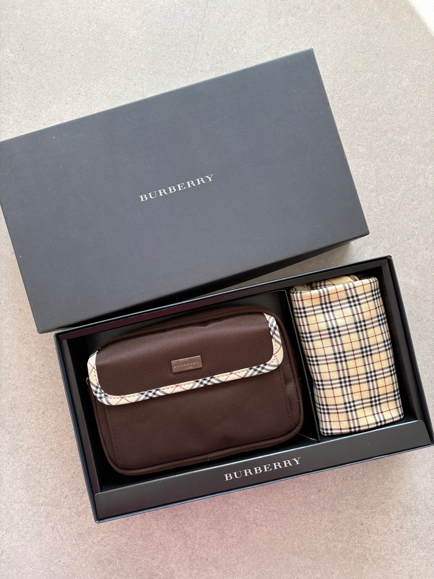 Burberry Brown Nylon Pouch & Check Wallet Gift Set with Box