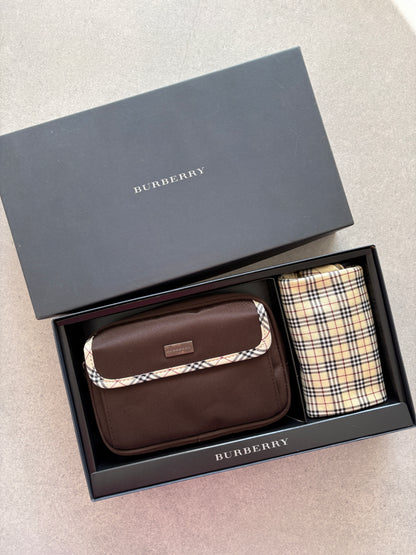 Burberry Brown Nylon Pouch & Check Wallet Gift Set with Box