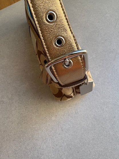 Coach East West Baguette Monogram Gold and Silver Shoulder Bag