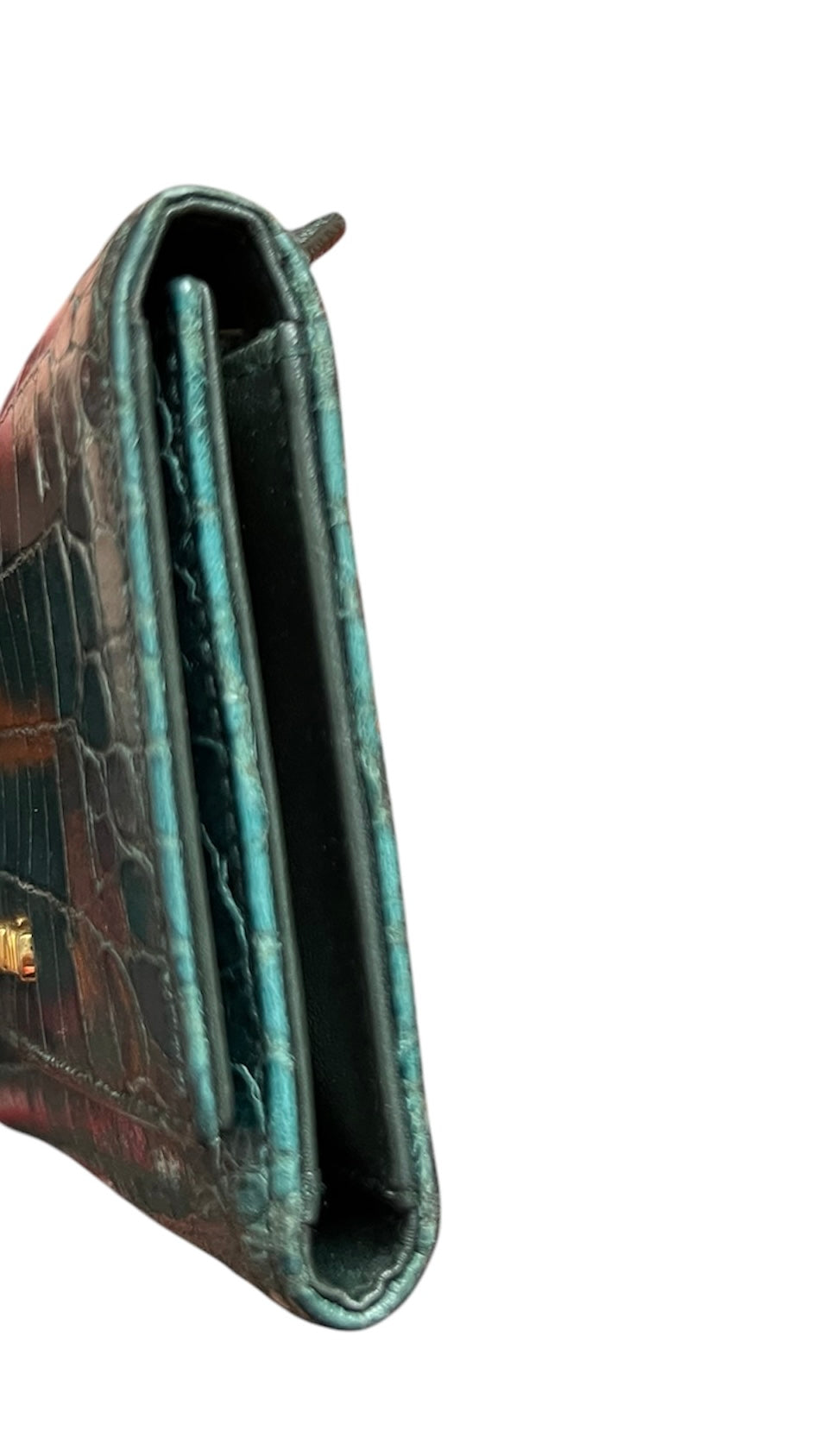 Miu Miu Turquoise Croc Print Patent Flap Wallet