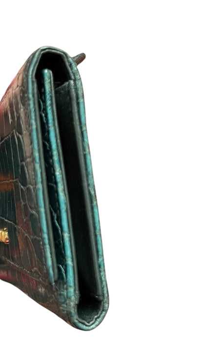Miu Miu Turquoise Croc Print Patent Flap Wallet