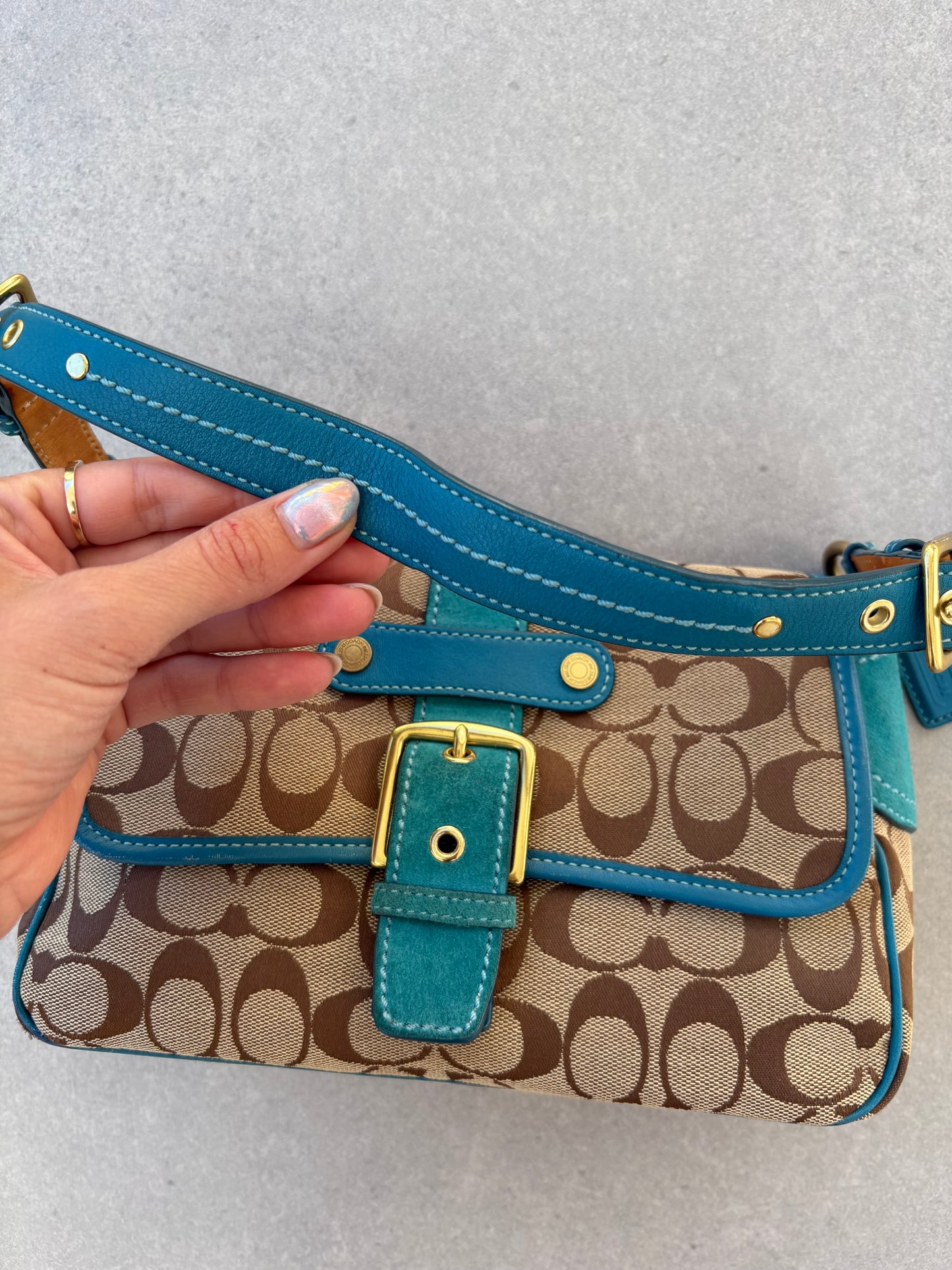 Coach Blue Suede Monogram Shoulder Bag