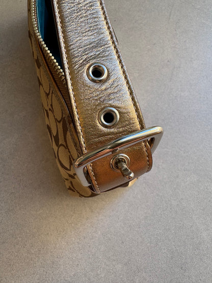 Coach East West Baguette Monogram Gold and Silver Shoulder Bag