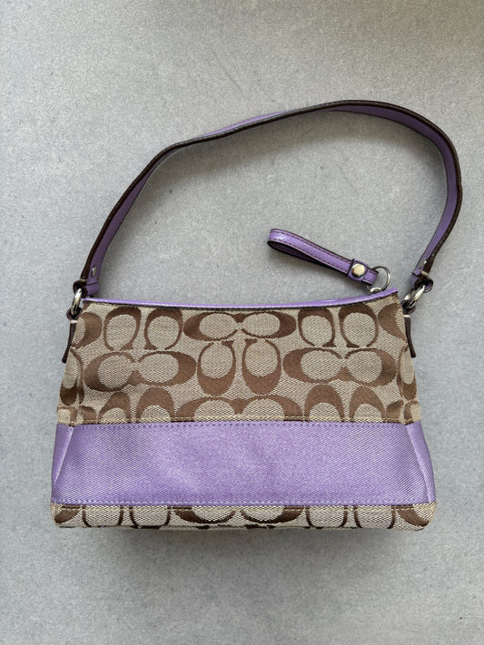 Coach Brown Monogram Signature Pouch with Purple Trim