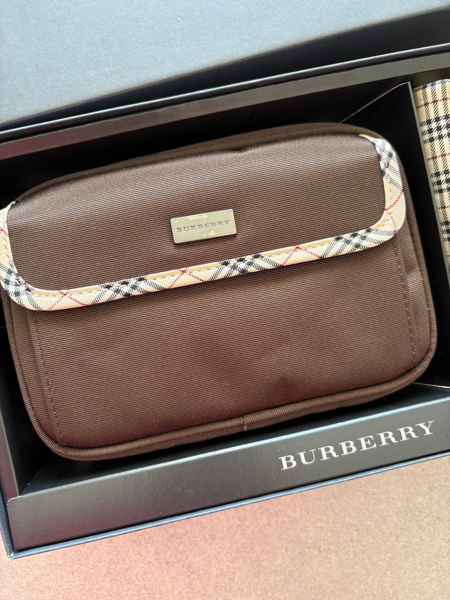Burberry Brown Nylon Pouch & Check Wallet Gift Set with Box
