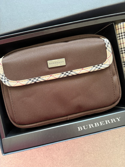 Burberry Brown Nylon Pouch & Check Wallet Gift Set with Box