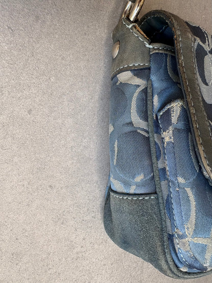 Coach Blue Suede and Canvas Optic Monogram Shoulder Bag