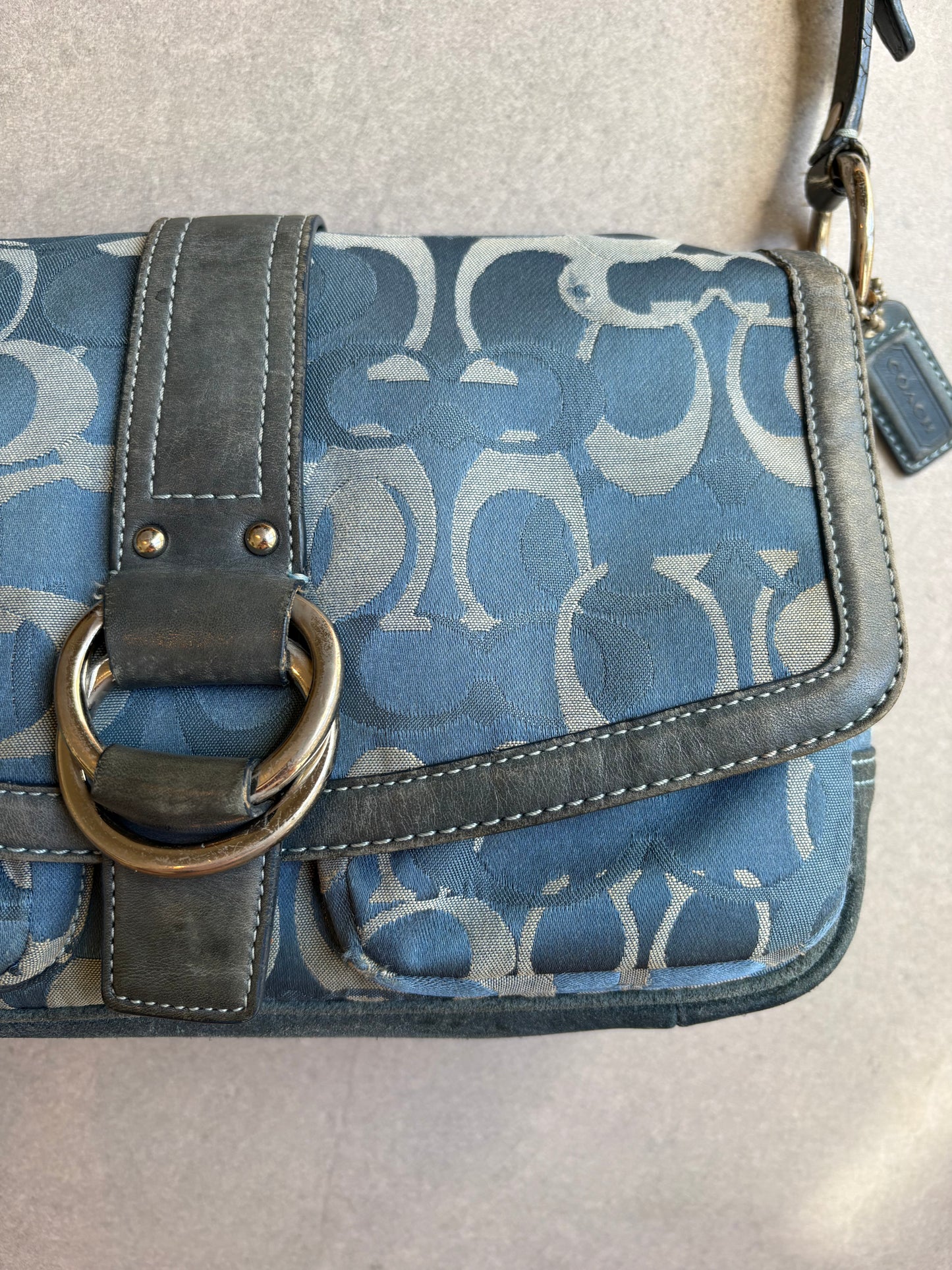 Coach Blue Suede and Canvas Optic Monogram Shoulder Bag