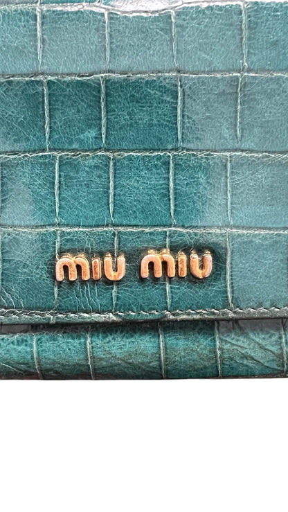Miu Miu Turquoise Croc Print Patent Flap Wallet