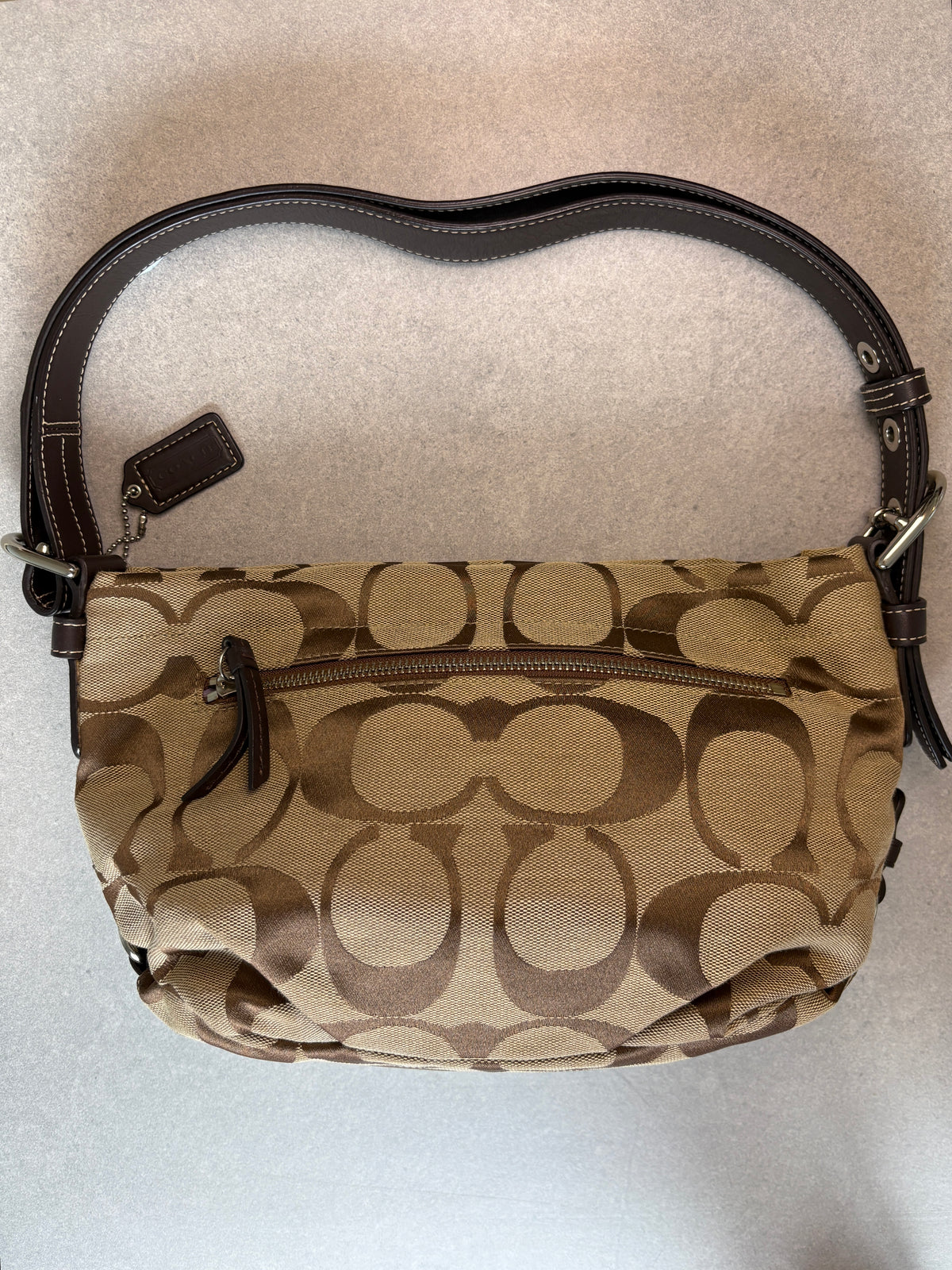 Coach Monogram East West Brown and Beige Shoulder Bag