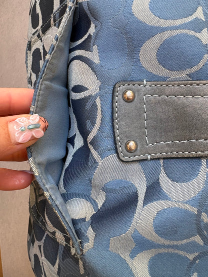 Coach Blue Suede and Canvas Optic Monogram Shoulder Bag