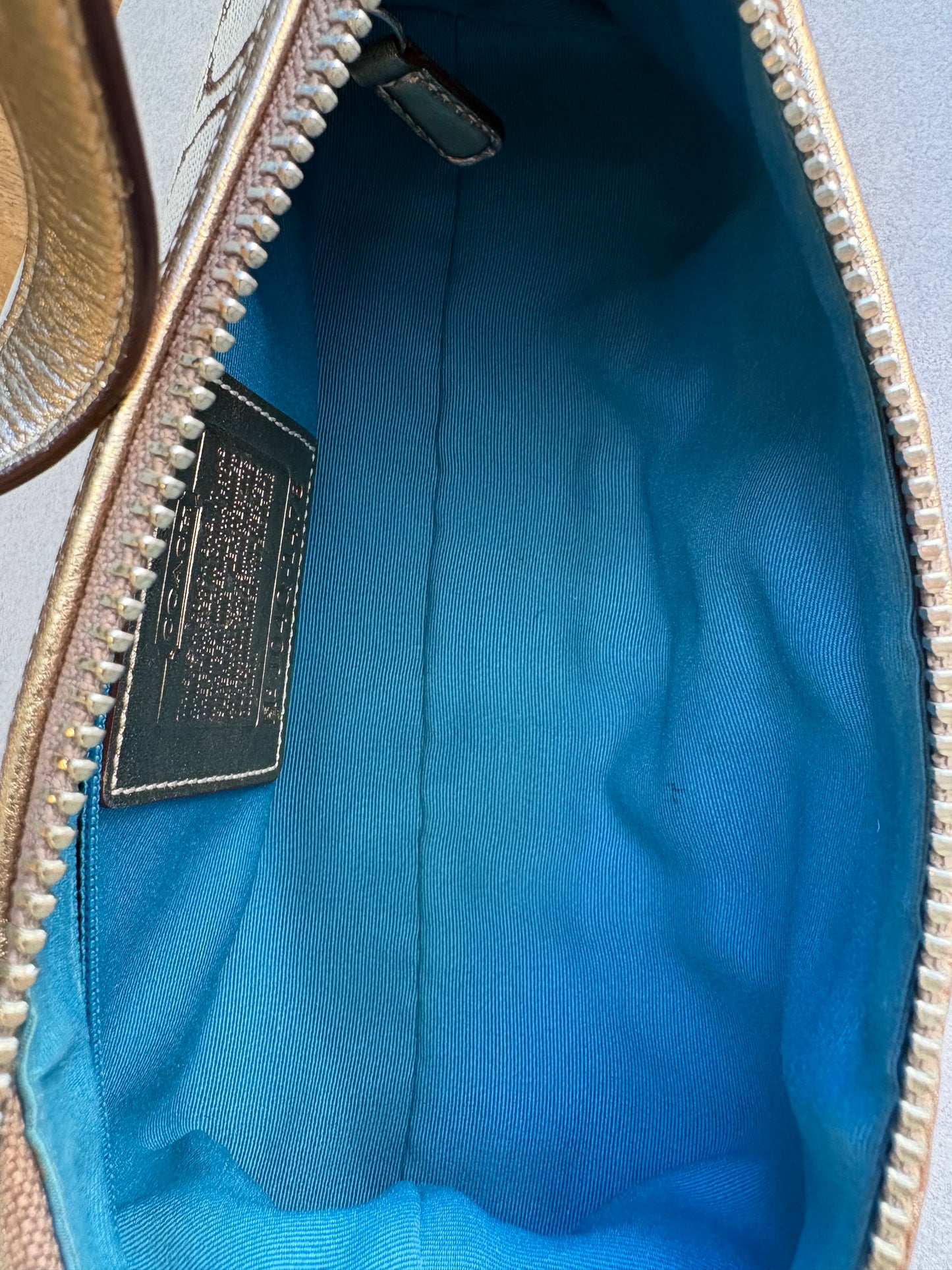 Coach East West Baguette Monogram Gold and Silver Shoulder Bag