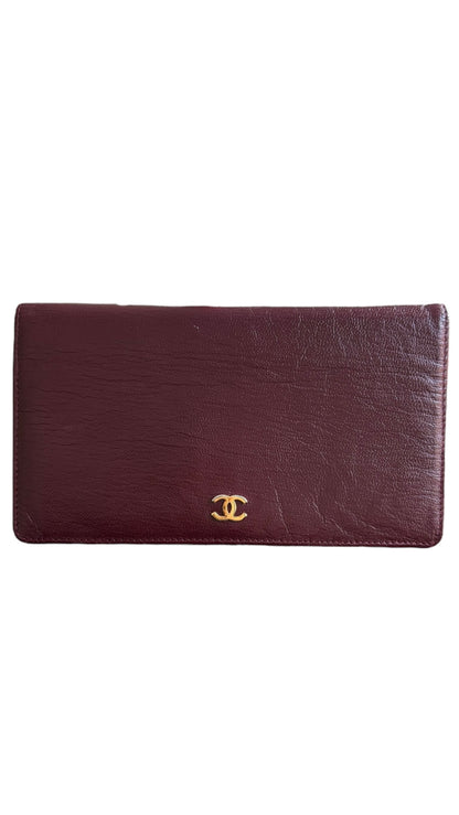 Chanel Maroon Lambskin Leather Long Wallet