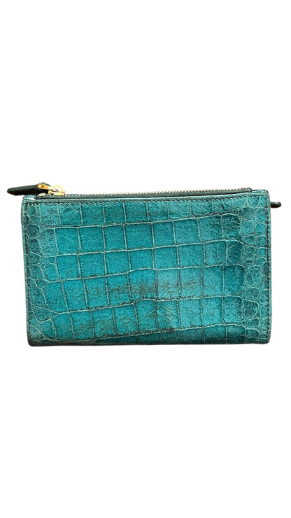 Miu Miu Turquoise Croc Print Patent Flap Wallet