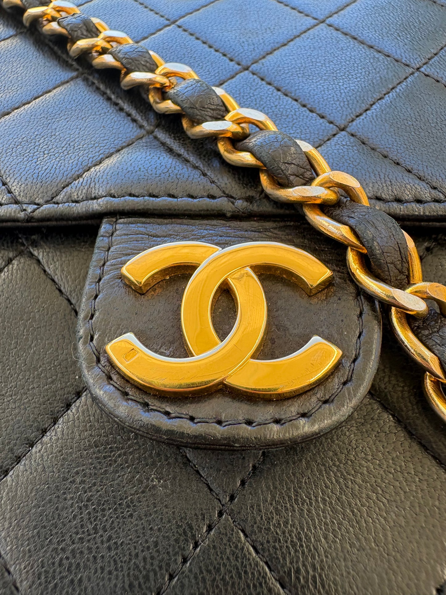 Chanel Classic Vintage Flap Black Lambskin Leather Shoulder Bag