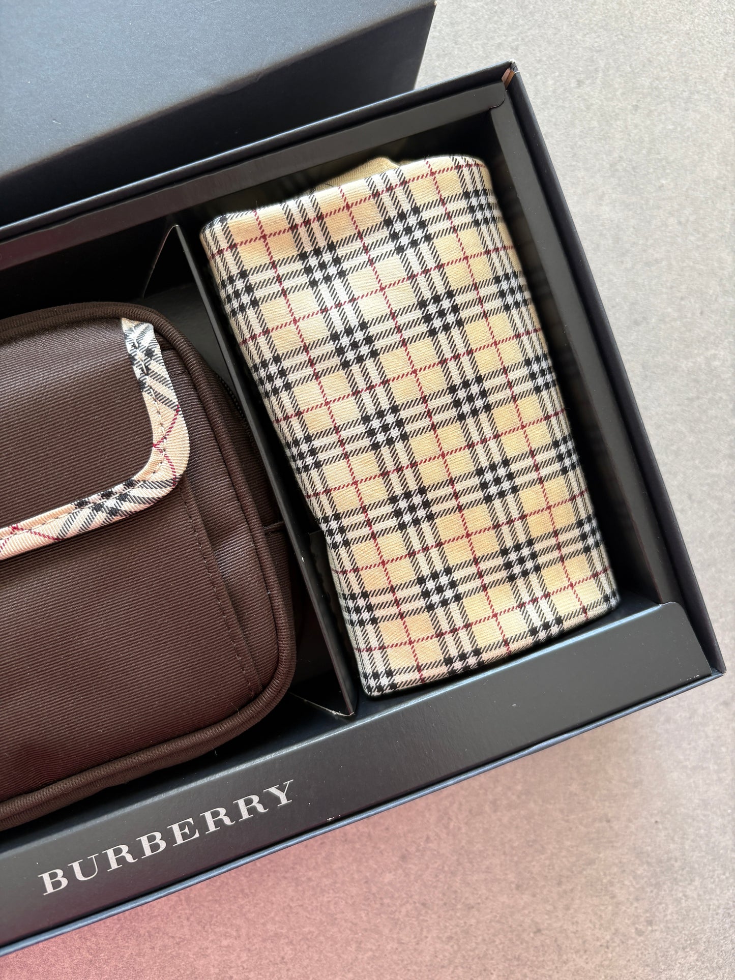 Burberry Brown Nylon Pouch & Check Wallet Gift Set with Box