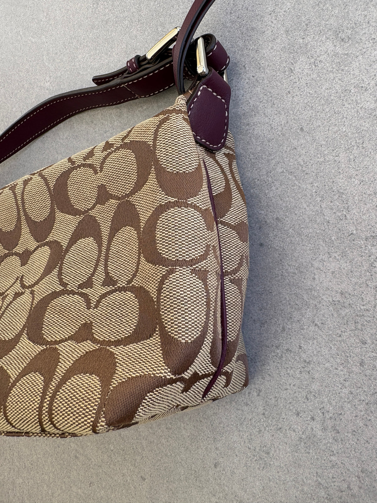 Coach Brown Monogram Signature Pouch with Purple Tag
