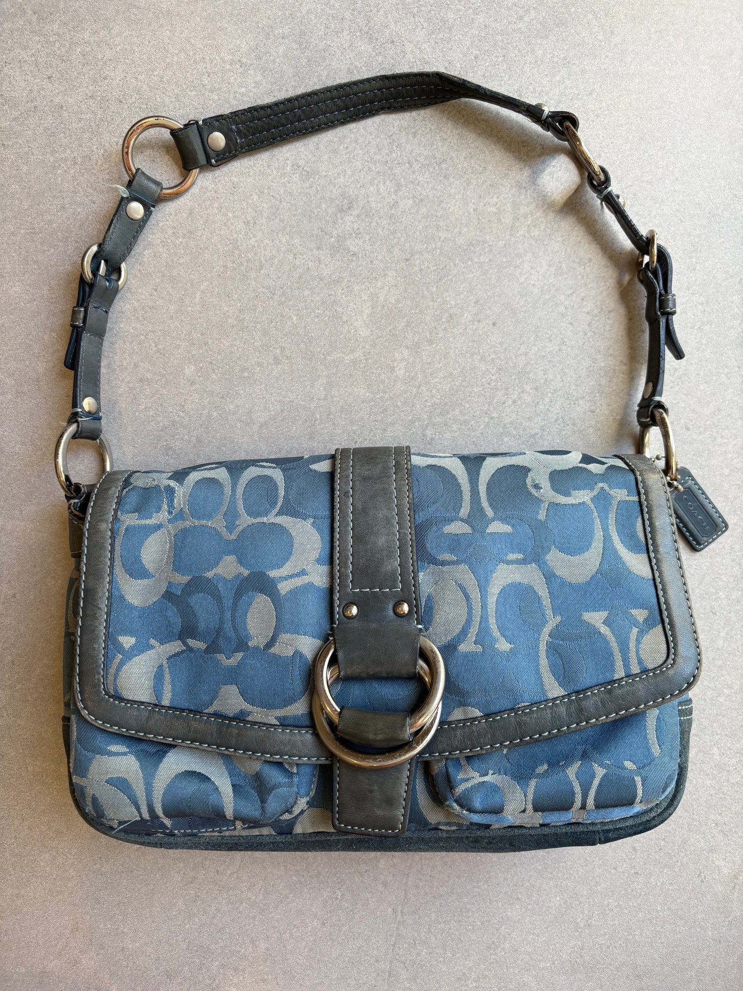 Coach Blue Suede and Canvas Optic Monogram Shoulder Bag