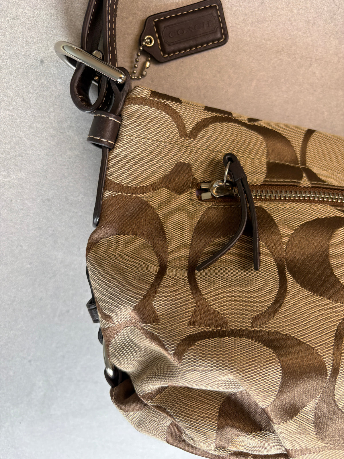 Coach Monogram East West Brown and Beige Shoulder Bag