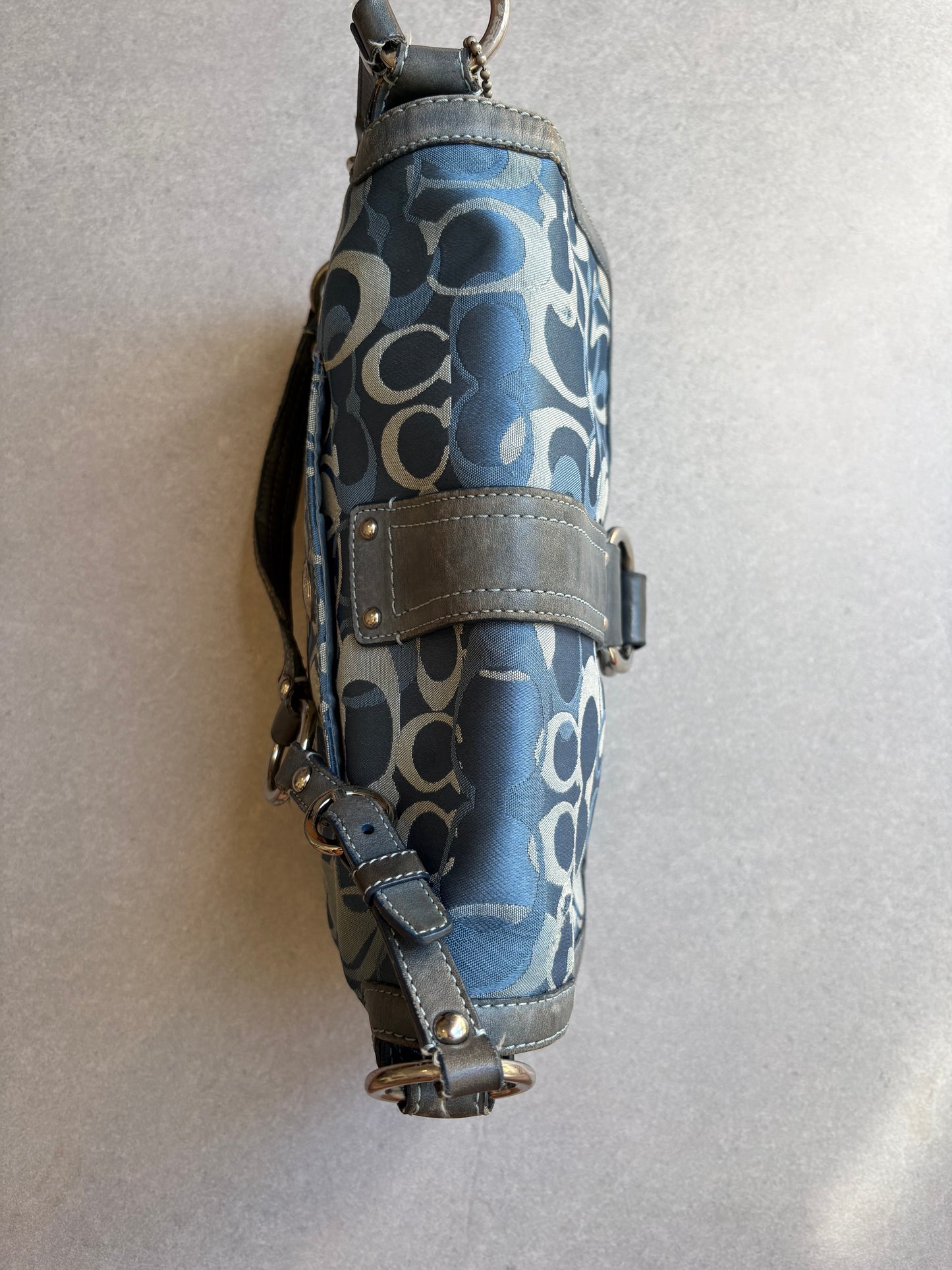 Coach Blue Suede and Canvas Optic Monogram Shoulder Bag