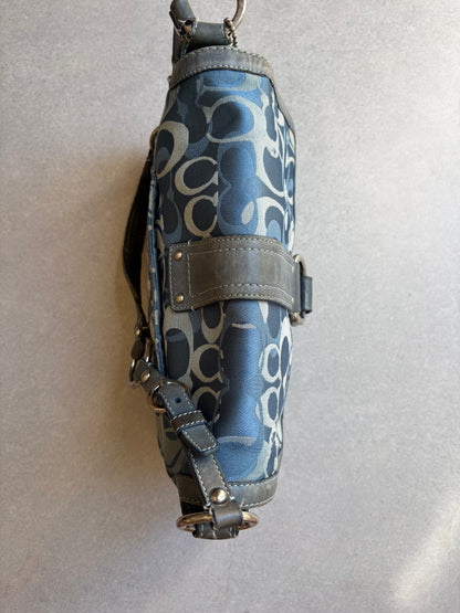 Coach Blue Suede and Canvas Optic Monogram Shoulder Bag