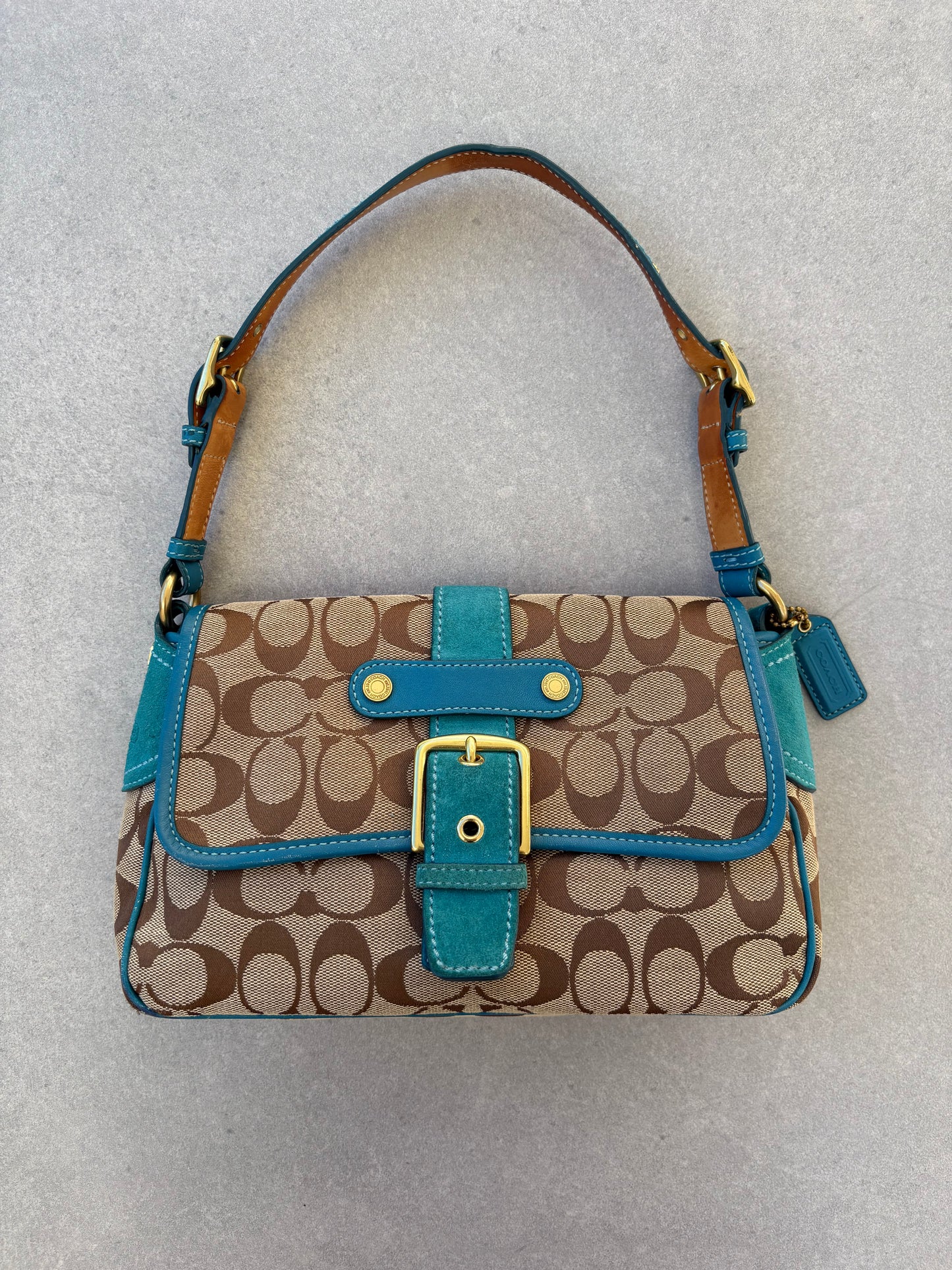Coach Blue Suede Monogram Shoulder Bag