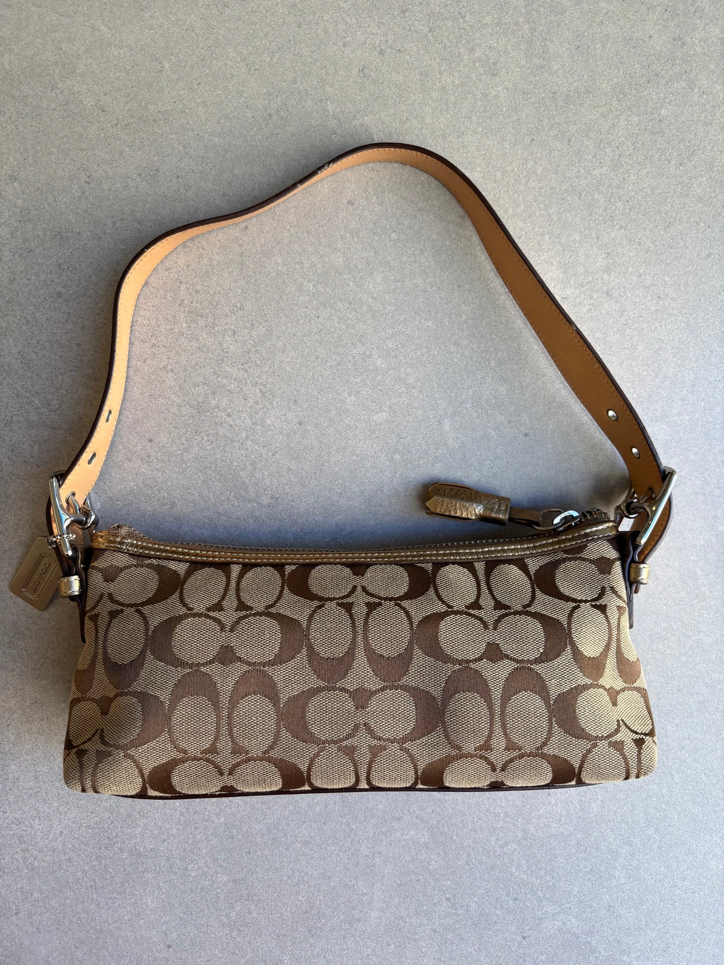 Coach East West Baguette Monogram Gold and Silver Shoulder Bag