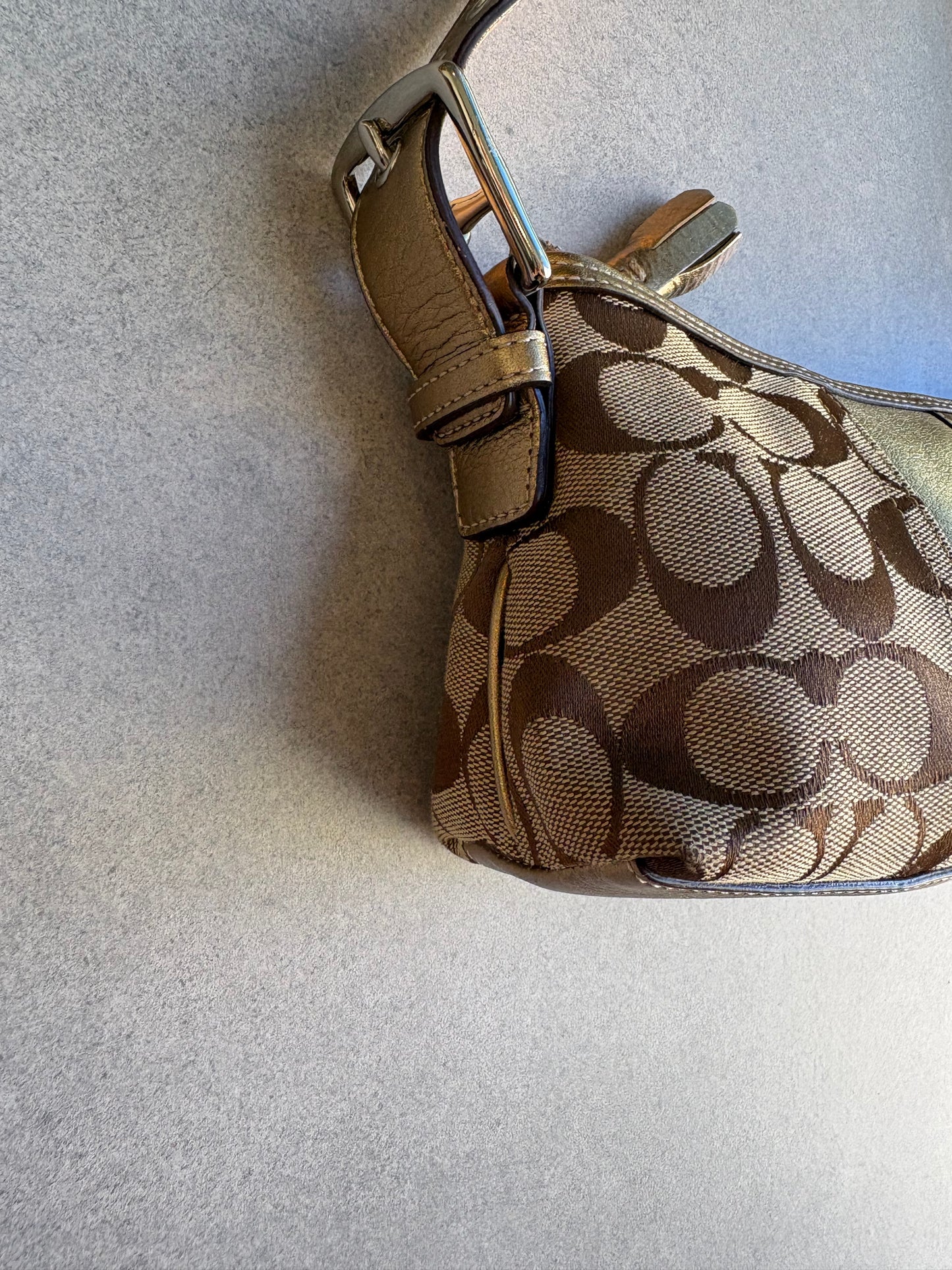 Coach East West Baguette Monogram Gold and Silver Shoulder Bag