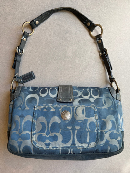 Coach Blue Suede and Canvas Optic Monogram Shoulder Bag