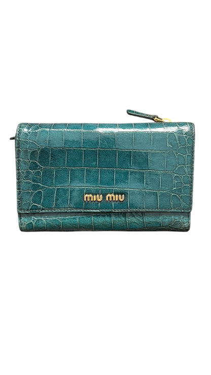 Miu Miu Turquoise Croc Print Patent Flap Wallet