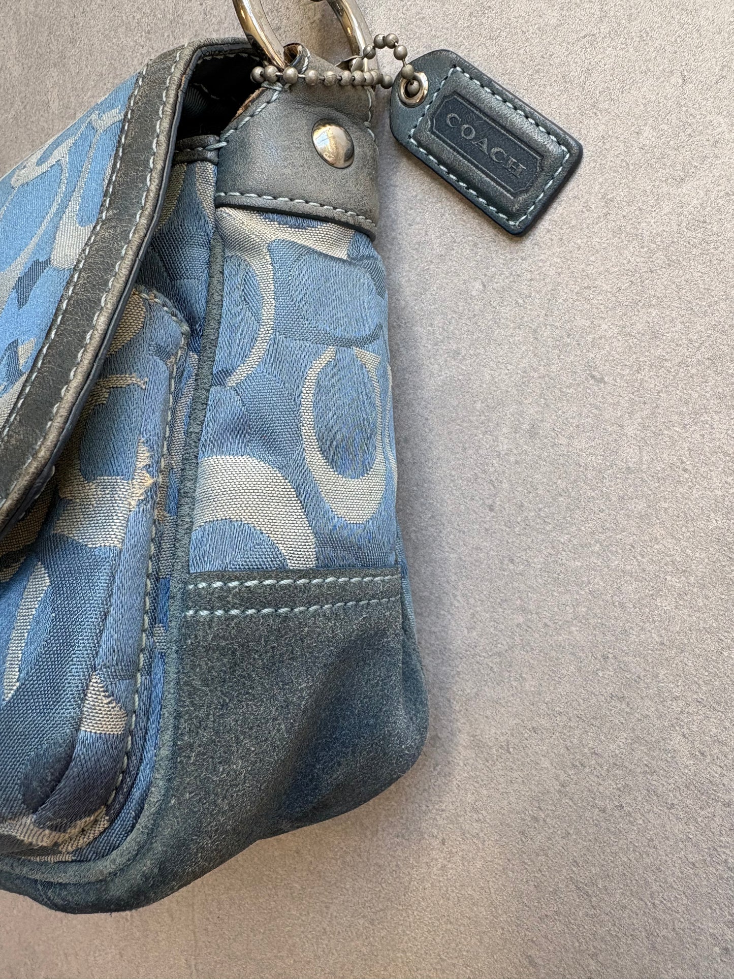 Coach Blue Suede and Canvas Optic Monogram Shoulder Bag
