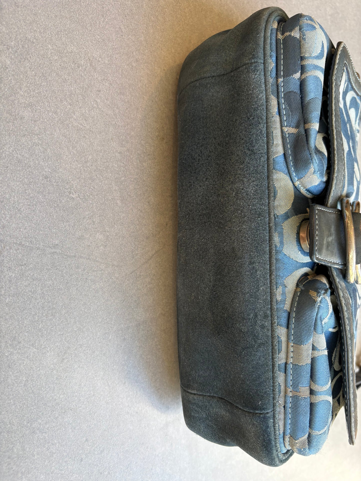 Coach Blue Suede and Canvas Optic Monogram Shoulder Bag