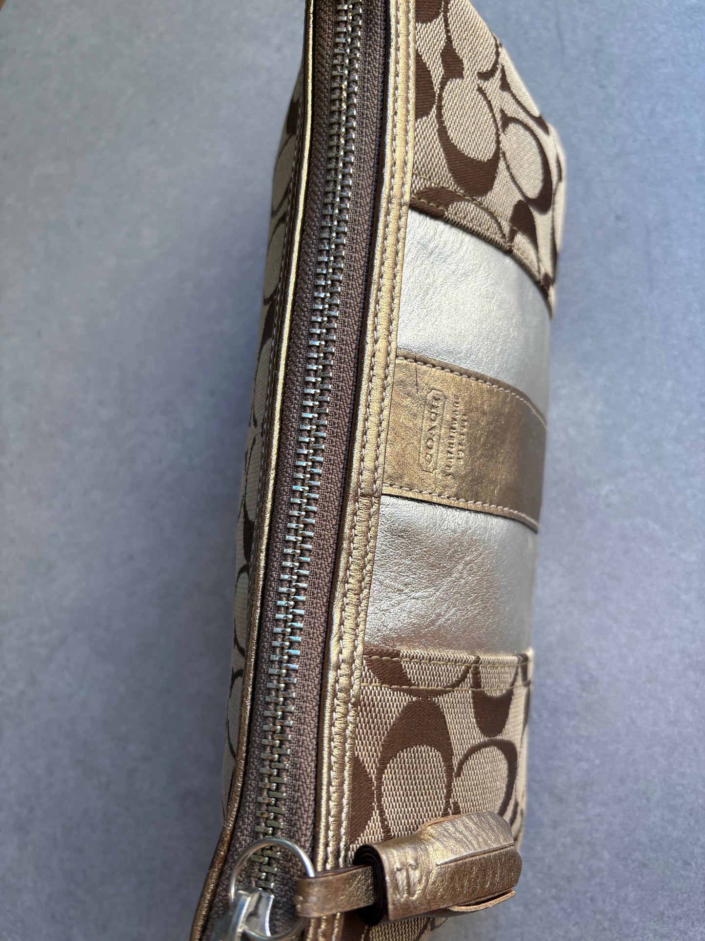 Coach East West Baguette Monogram Gold and Silver Shoulder Bag