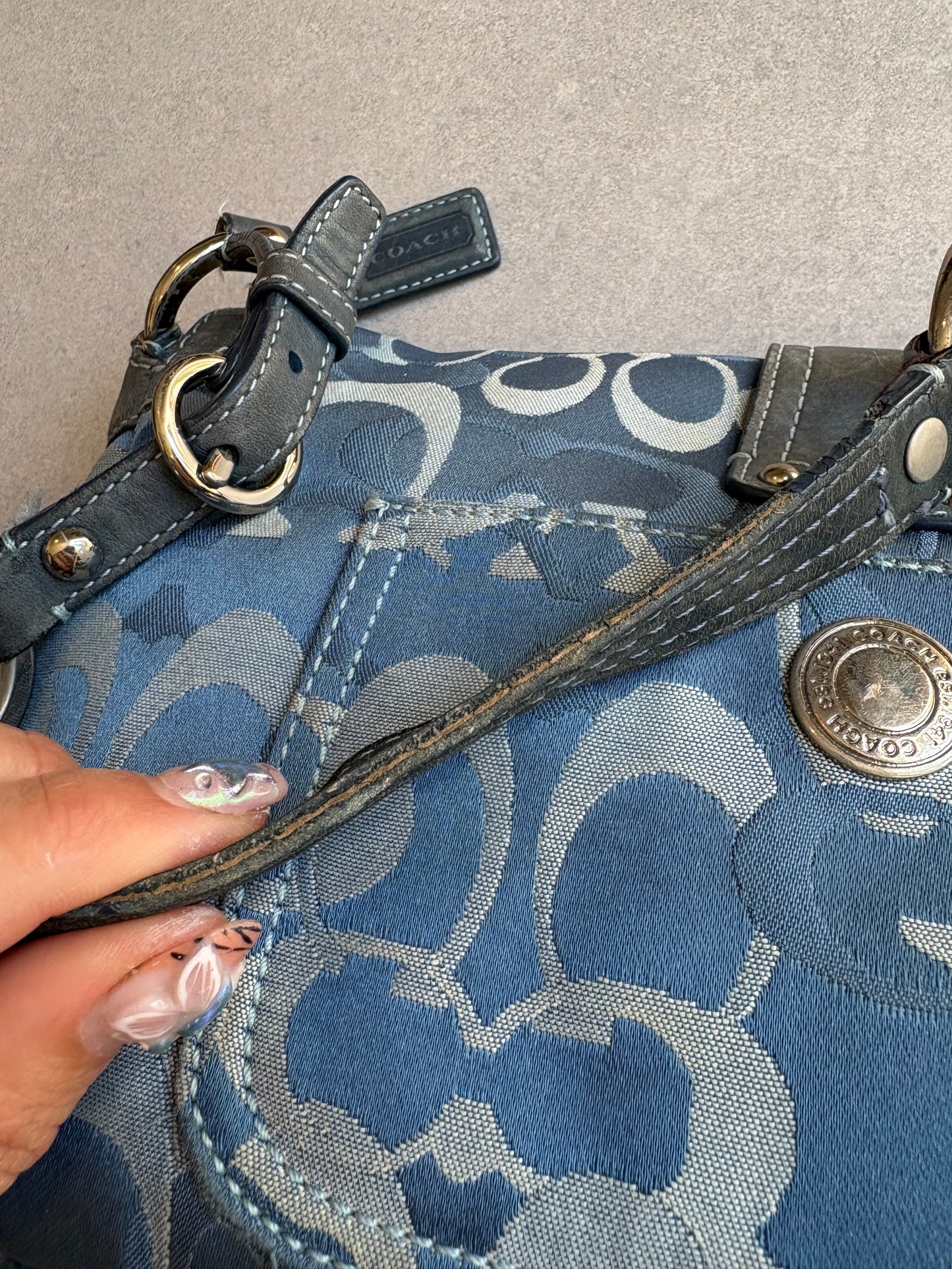 Coach Blue Suede and Canvas Optic Monogram Shoulder Bag
