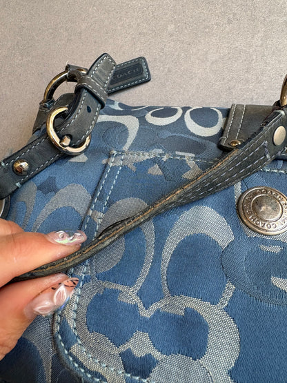Coach Blue Suede and Canvas Optic Monogram Shoulder Bag
