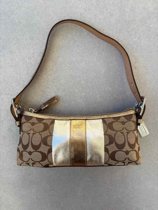 Coach East West Baguette Monogram Gold and Silver Shoulder Bag