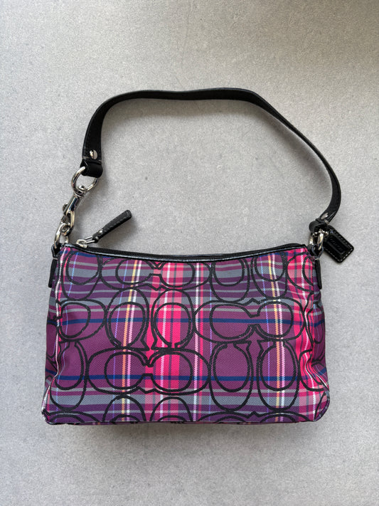 Coach Poppy Tartan Monogram Signature Pouch Pink and Purple