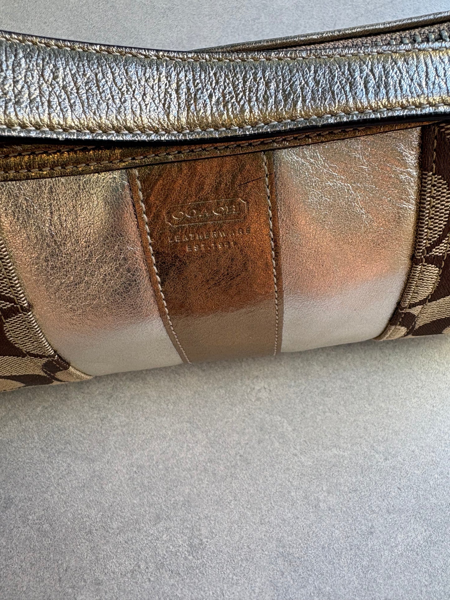 Coach East West Baguette Monogram Gold and Silver Shoulder Bag