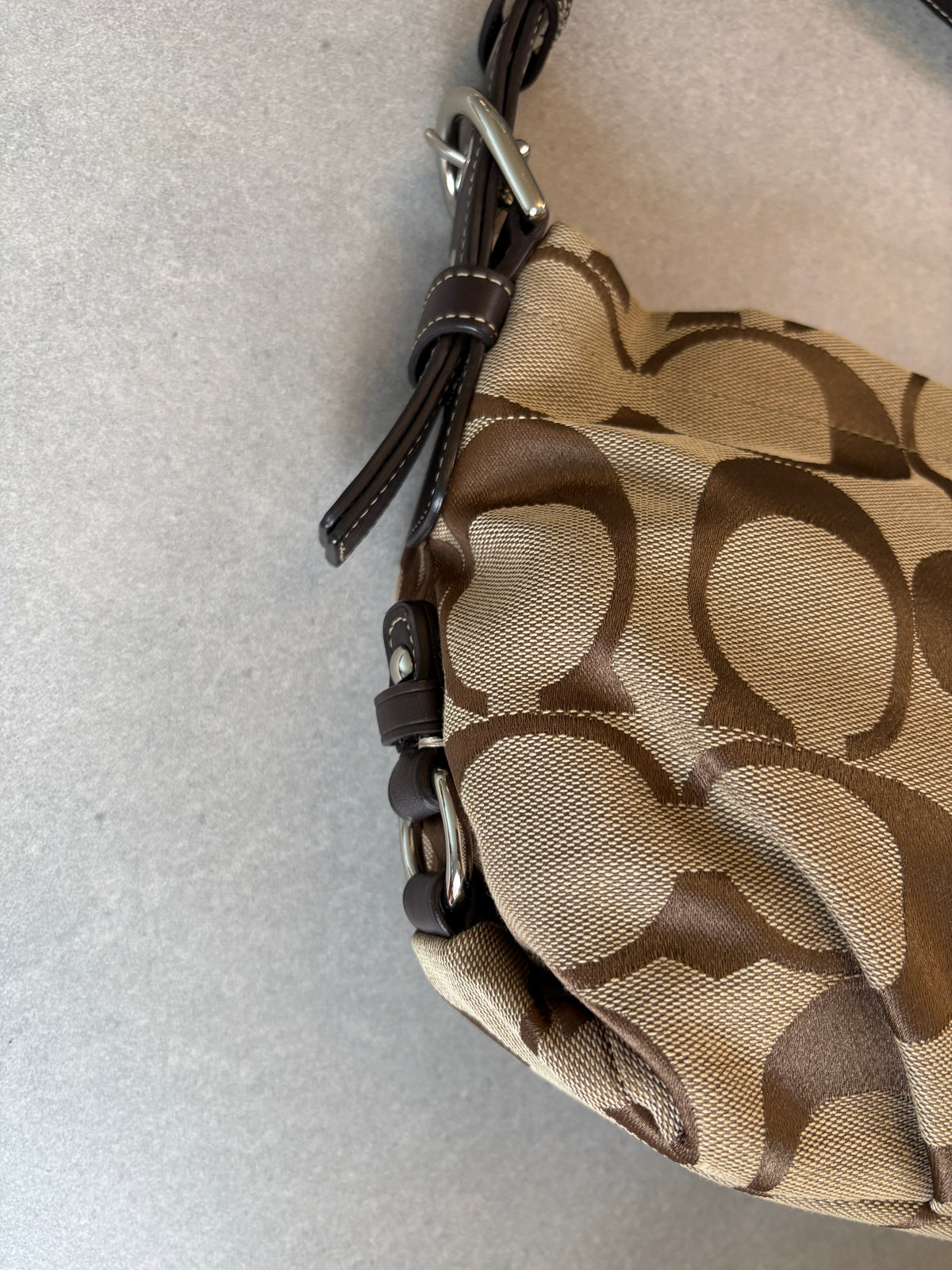 Coach Monogram East West Brown and Beige Shoulder Bag