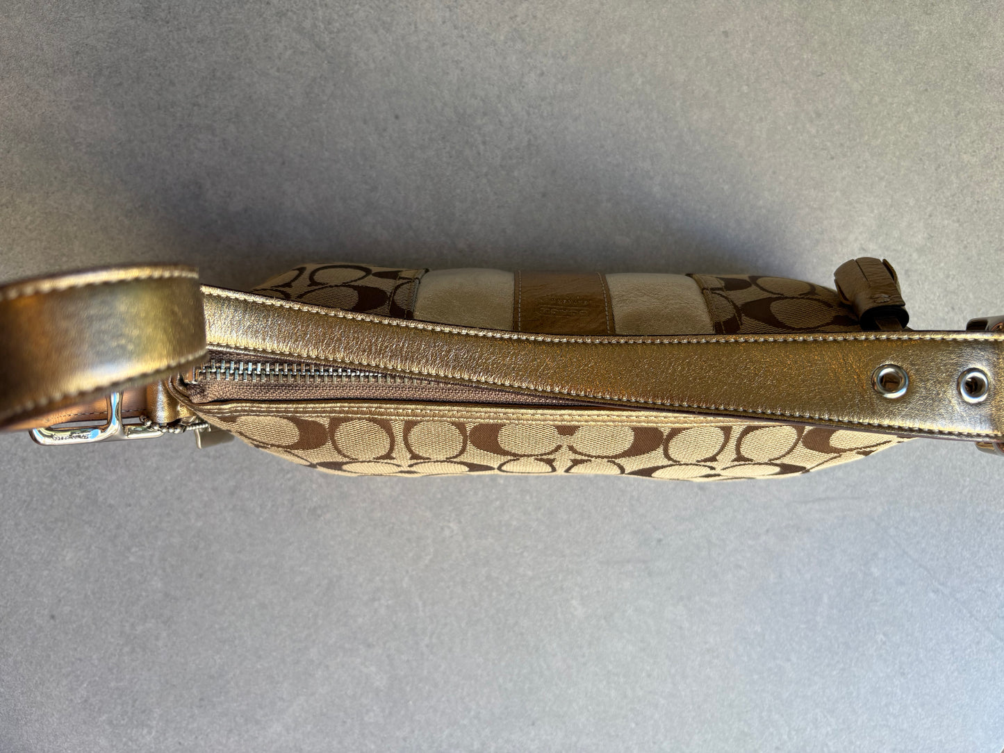 Coach East West Baguette Monogram Gold and Silver Shoulder Bag