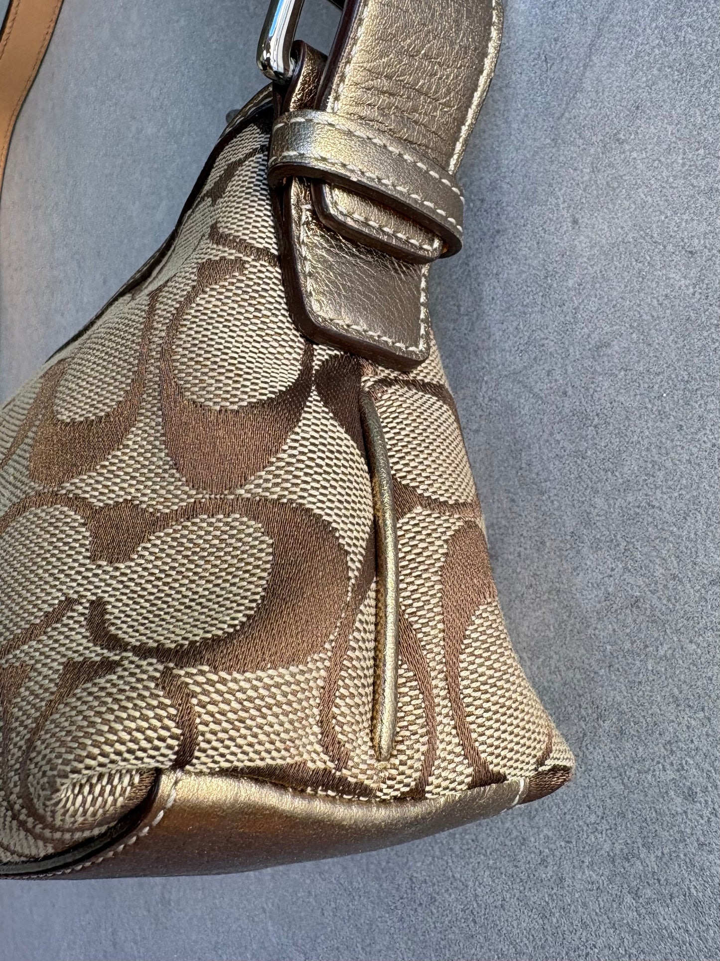 Coach East West Baguette Monogram Gold and Silver Shoulder Bag