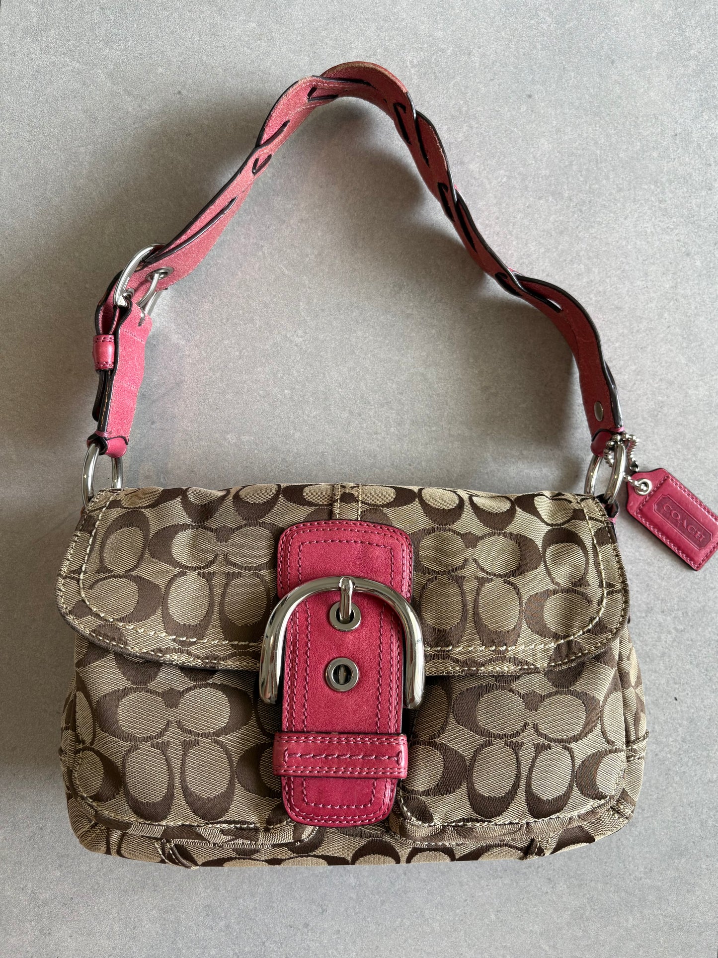 Coach Soho Signature Monogram with Pink Leather Shoulder Bag