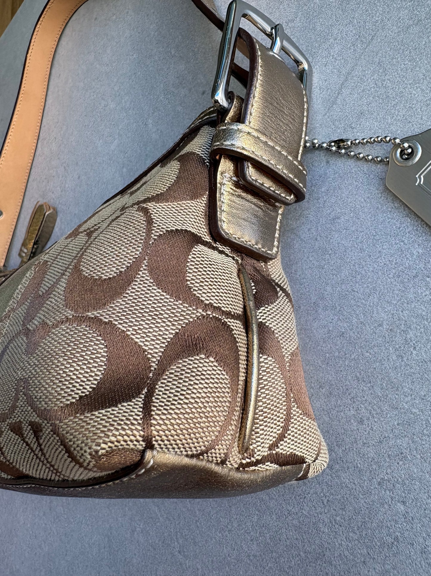 Coach East West Baguette Monogram Gold and Silver Shoulder Bag