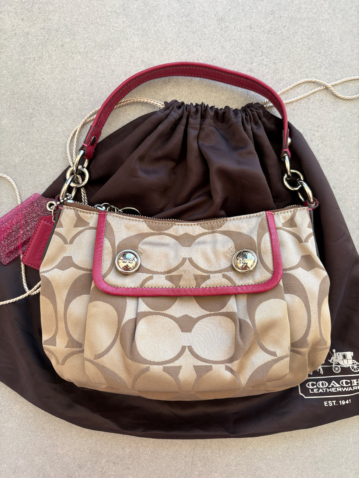 Coach Poppy Pink and Beige Monogram Shoulder Bag