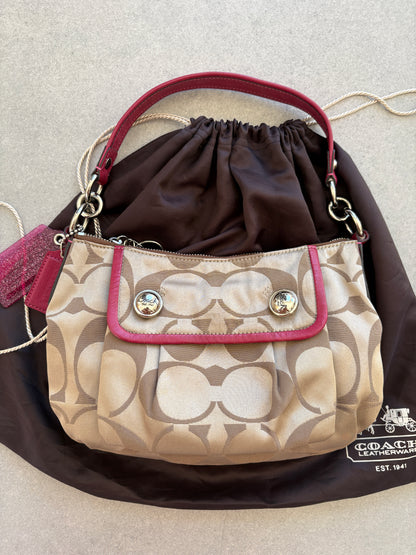 Coach Poppy Pink and Beige Monogram Shoulder Bag