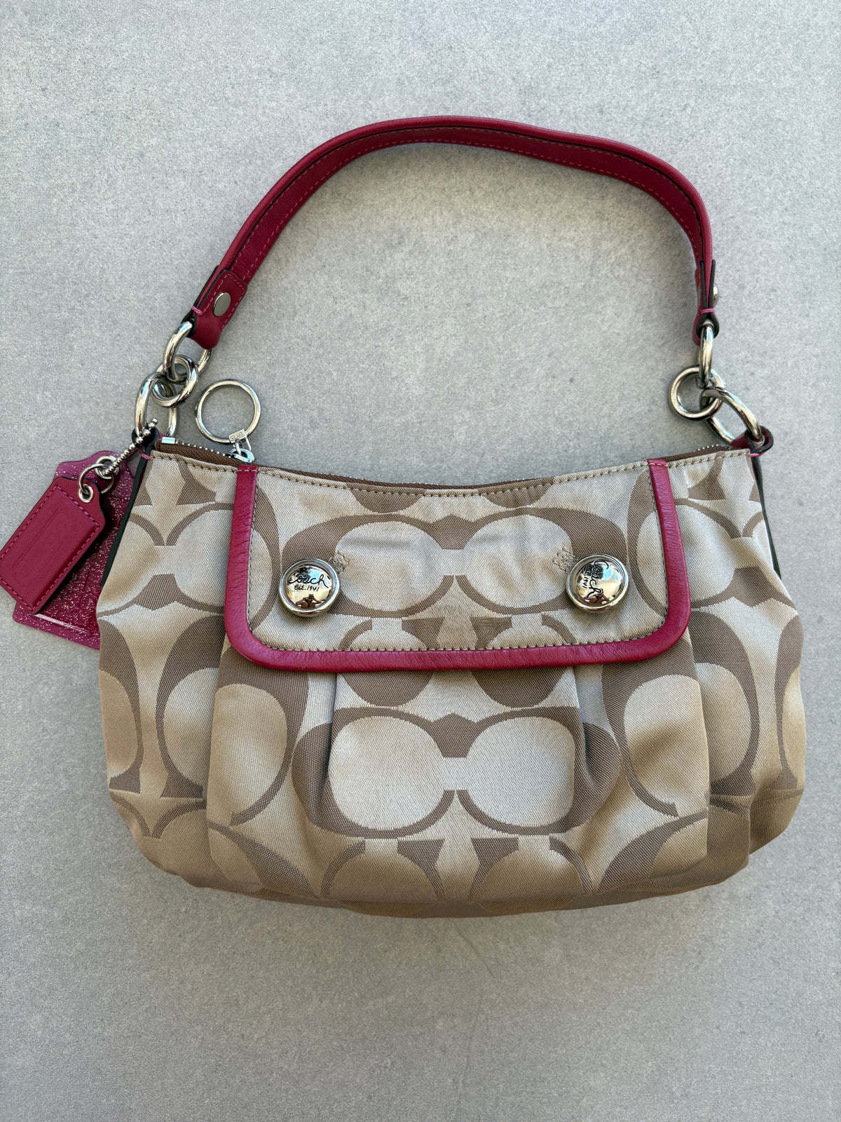Coach Poppy Pink and Beige Monogram Shoulder Bag
